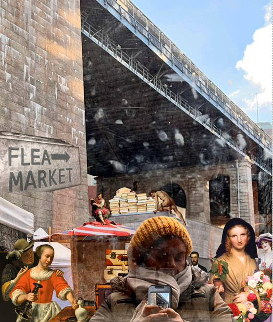 Photo of flea market illustration under a bridge