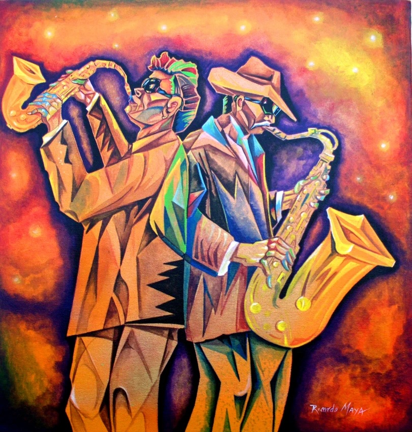 painting of 2 Latin jazz saxophone players