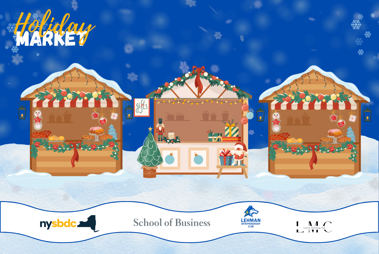 Three gingerbread looking booths in the snow selling something for a holiday market