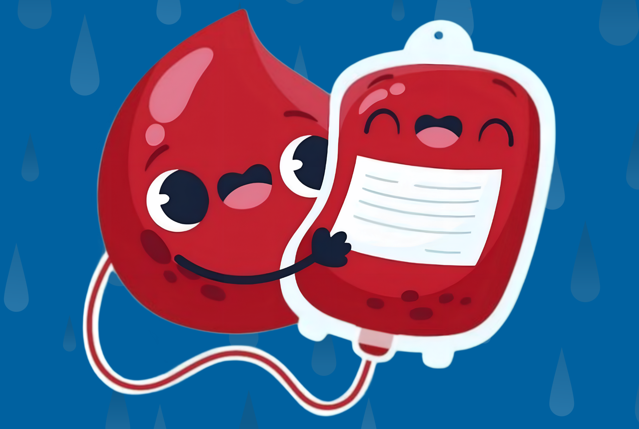 Cute animated characters of a blood drop and a blood bag hugging, symbolizing the impact of blood donation.
