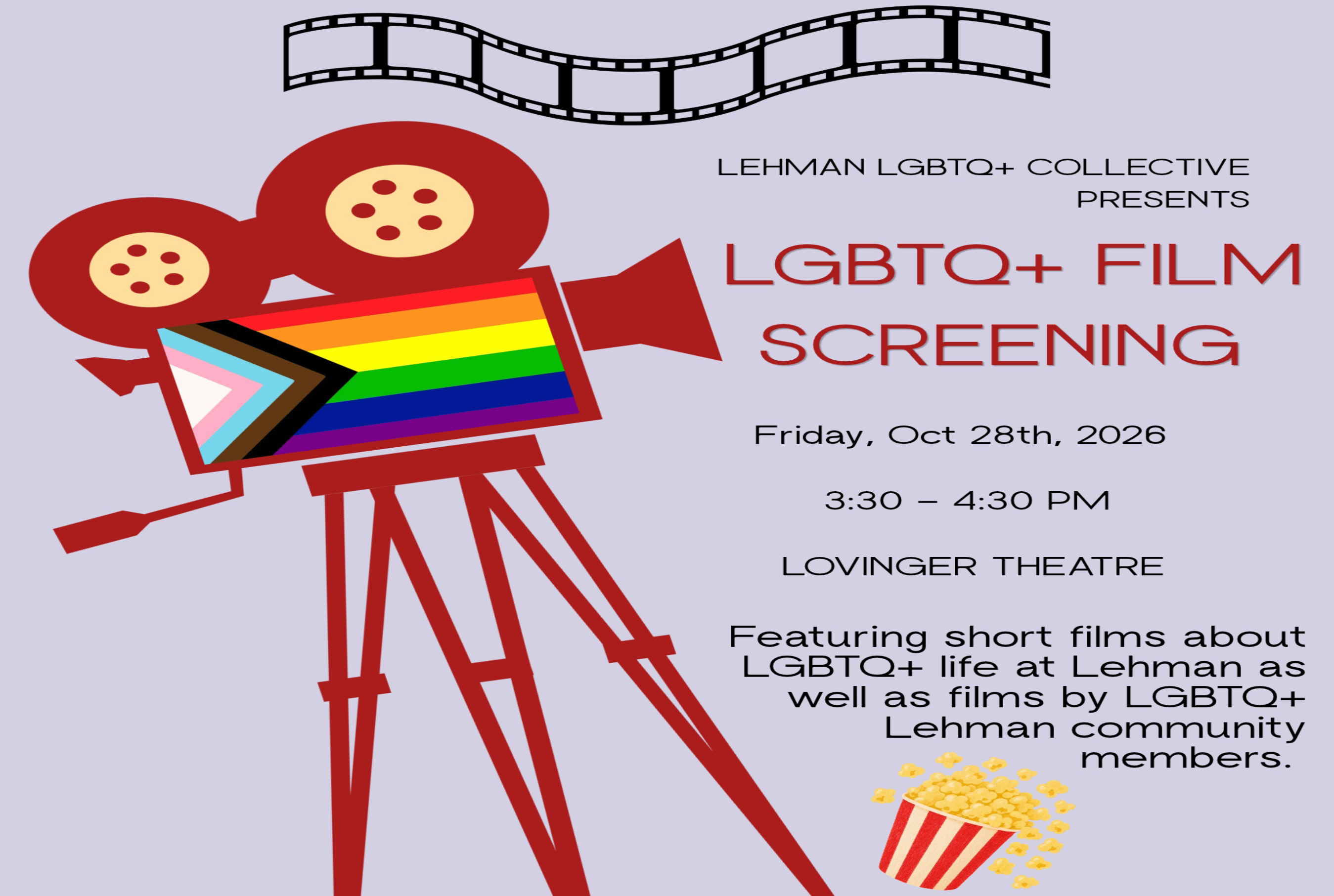 An animated image of a red video camera covered with an inclusive Pride flag (white, pink, light blue, brown, and black layered triangles on one side with red, orange, yellow, green, dark blue, and purple horizontal lines on the other). There is a film strip at the top of the image along with an animated image of popcorn spilling out of its container towards the bottom.