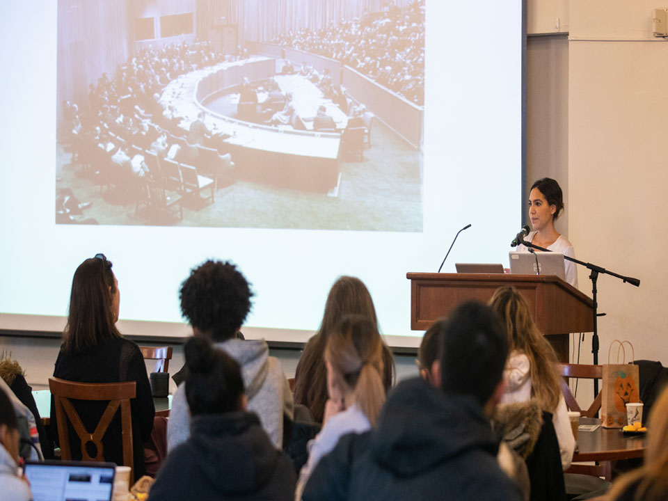 Photo of Lehman students learning about the UN Declaration of Human Rights