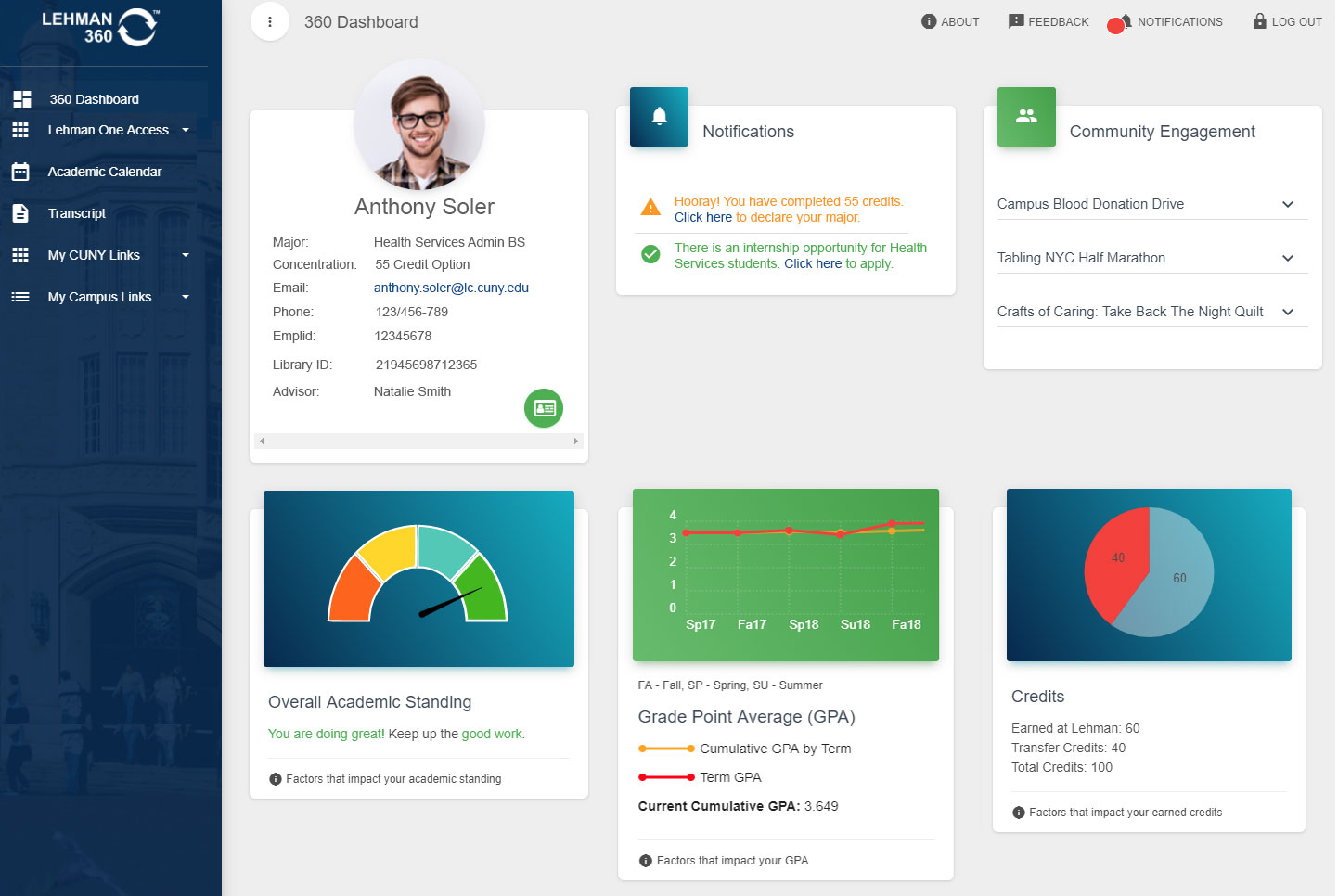 Screenshot of Lehman 360 Student Dashboard