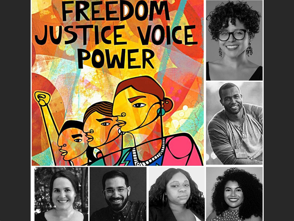 Oakland artist/activist Favianna Rodriguez, top right along with her social justice poster Freedom. Justice. Voice. Power., is one of six designers slated for the new Turnbull Speaker Series.