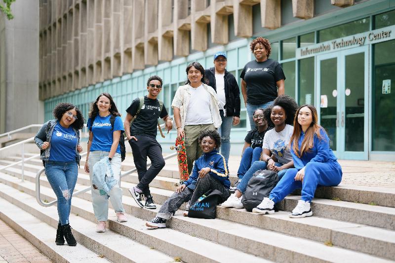 This spring, students were featured in a photo shoot on campus. Here's one of the many great shots of participants in their Lehman gear by Carman Hall. 