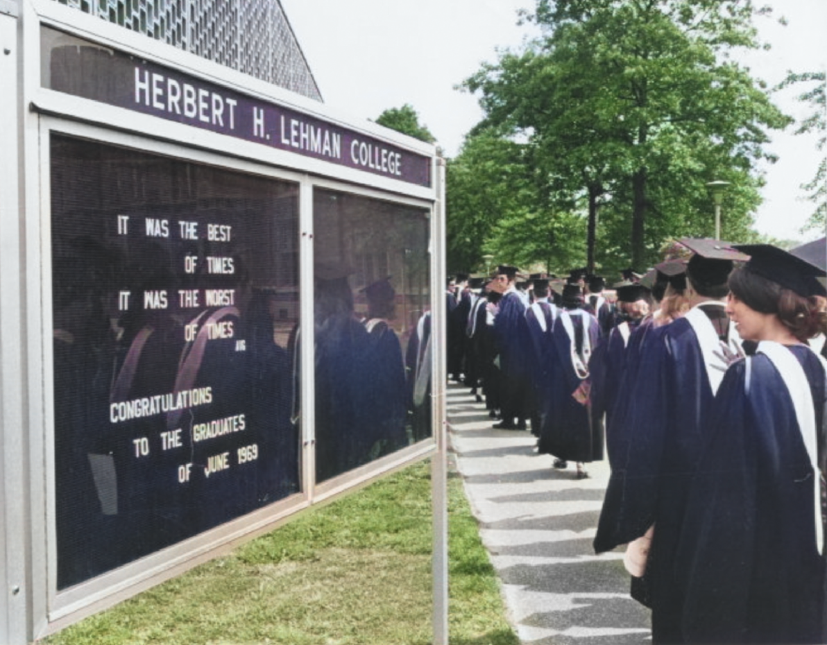 In honor of the Pioneer Classes Celebration happening on campus this September, here's a (colorized) photo from the first official Lehman College Commencement Ceremony in 1969.