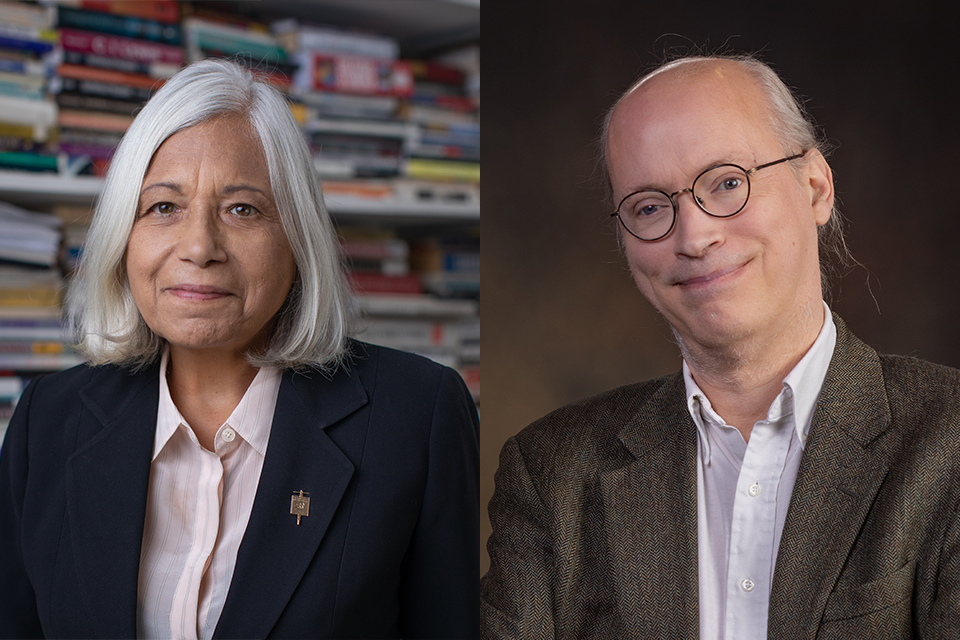 headhshots of a woman and a man side by side.