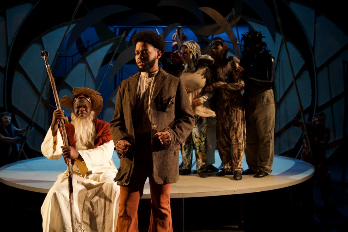 Theatre Majors Tyttus Huslin and Merville King perform in Ti-Jean and His Brothers. The Derek Walcott play was directed by Rick DesRochers, and choreographed by Michael Manswell.