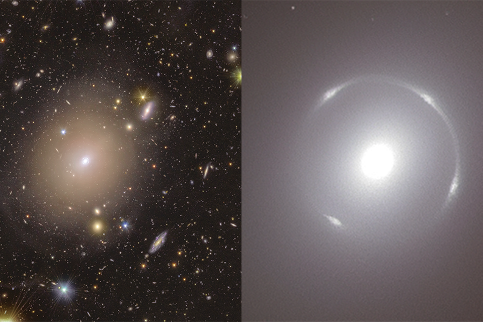 Left, an image of a galaxy in space. Right, a closeup of the galaxy.