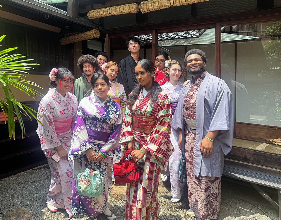 A group of Lehman students in traditional Japanese clothing.