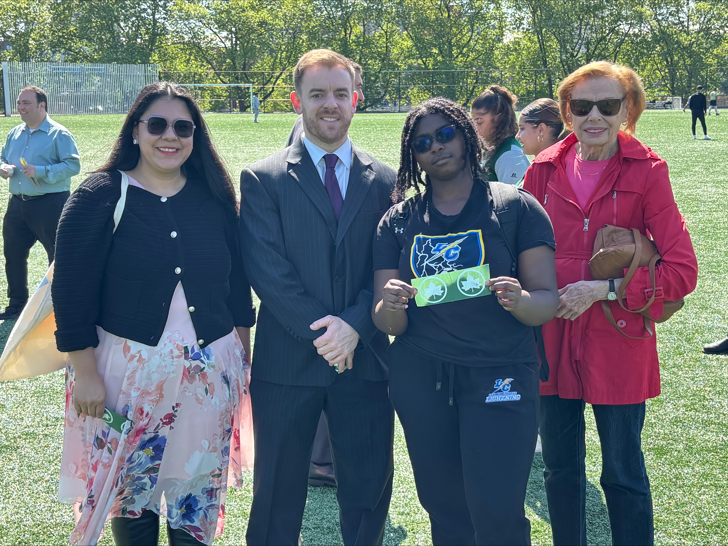 From left: CB 7 District Mgr. Karla Cabrera Carrera ’13; Athletics Director Ryan McCarthy; Lehman freshman Katelyn Rice; and Barbara Stronczer, Bedford Mosholu Comm. Assoc. (photo c/o Ryan McCarthy)
