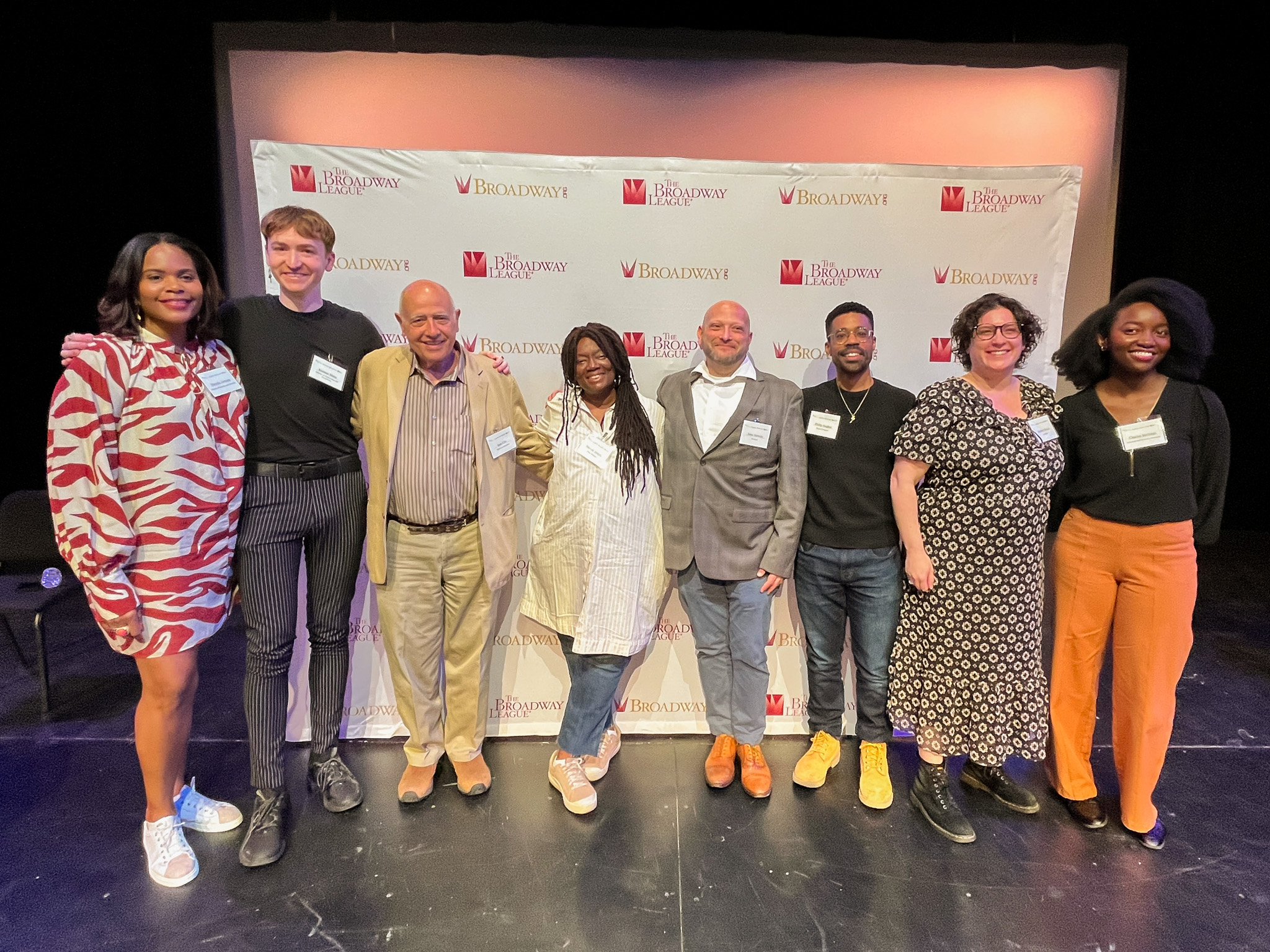 The Broadway League panelists Darrelle Johnson, Kiernan Matts, Sam Ellis, Beverly Jenkins, Isaac Hurwitz, Phillip Hughes, Heather Shields, and Charlee Stallings '24 Photo: Erin Coffey