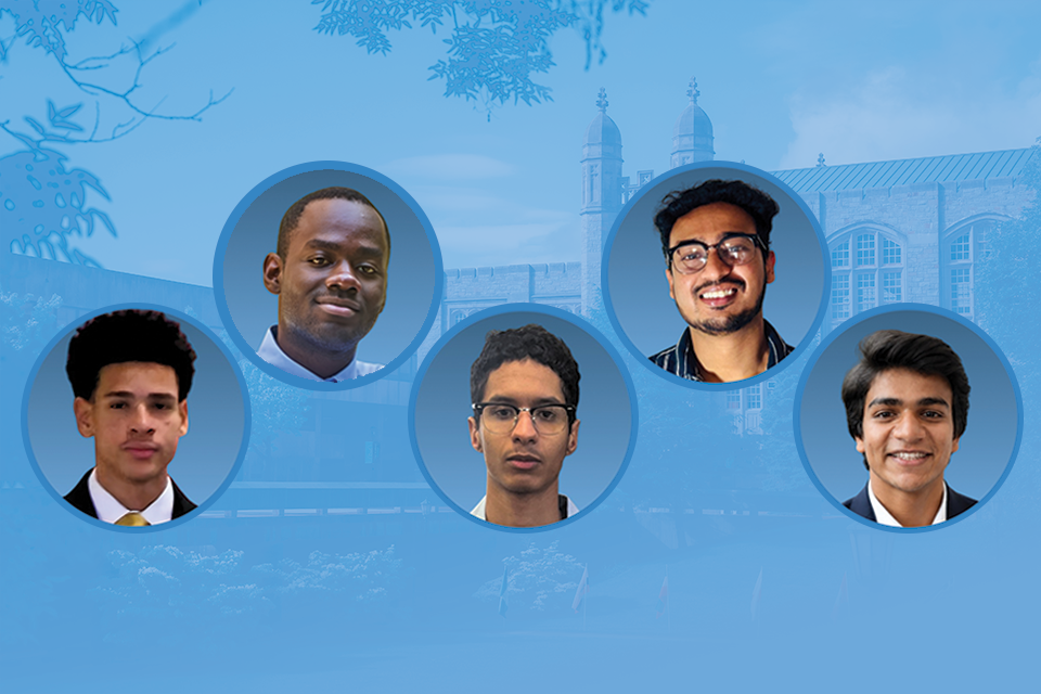 Group of headshots of five male students against a blue background.