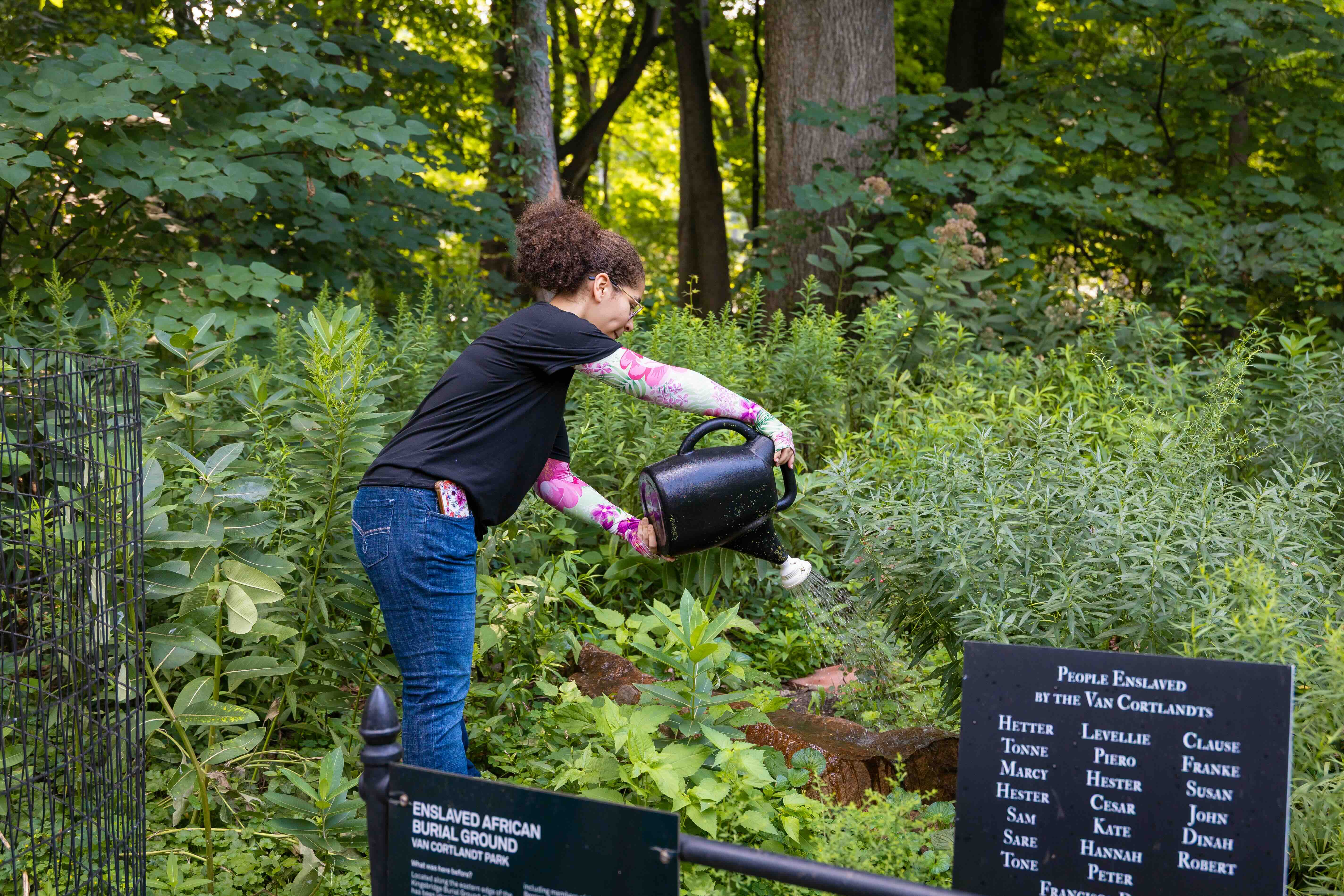 A young woman watering plants in a park, on the right a sign displays the names of enslaved people who may be buried there,