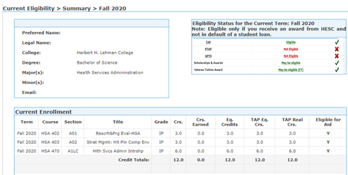 Image of Current Eligibility Tab