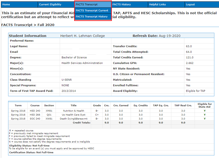 Image of FACTS Transcript Tab