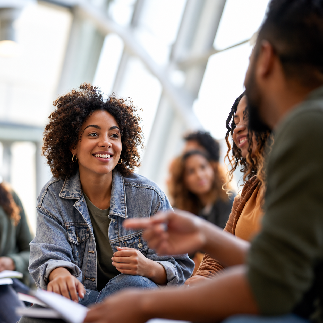 Smiling Student in a Bright Study Group