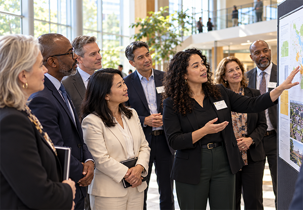 A group of people listening to a speaker